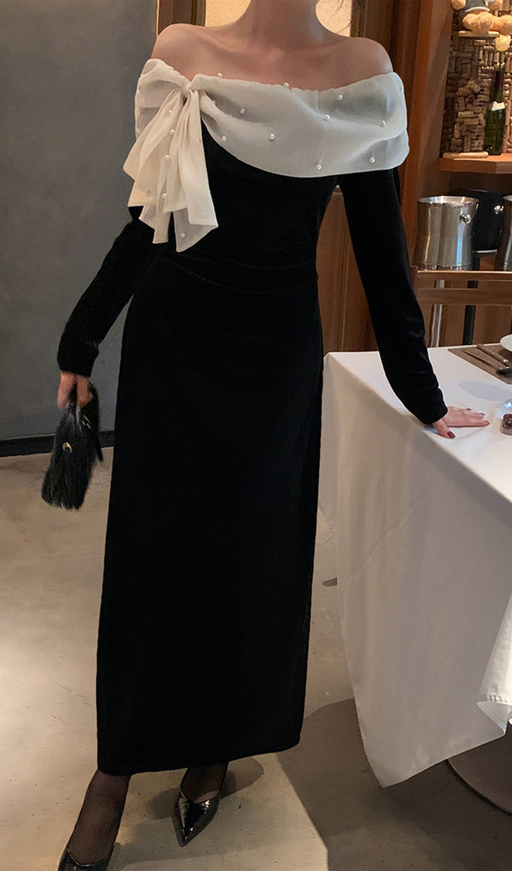 Off Shoulder Pearl Lace Up Maxi Dress
