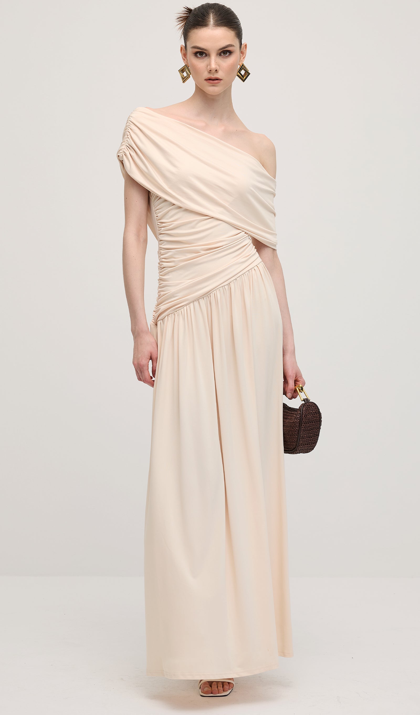 Off Shoulder Pleated Maxi Dress In Dune