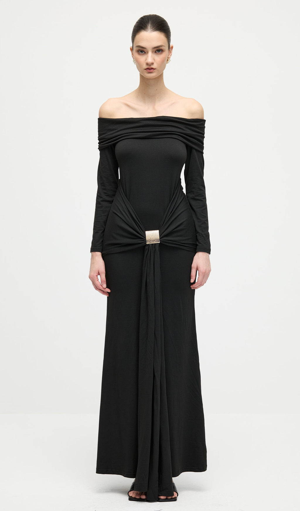 Off Shoulder Ruffle Maxi Dress In Black