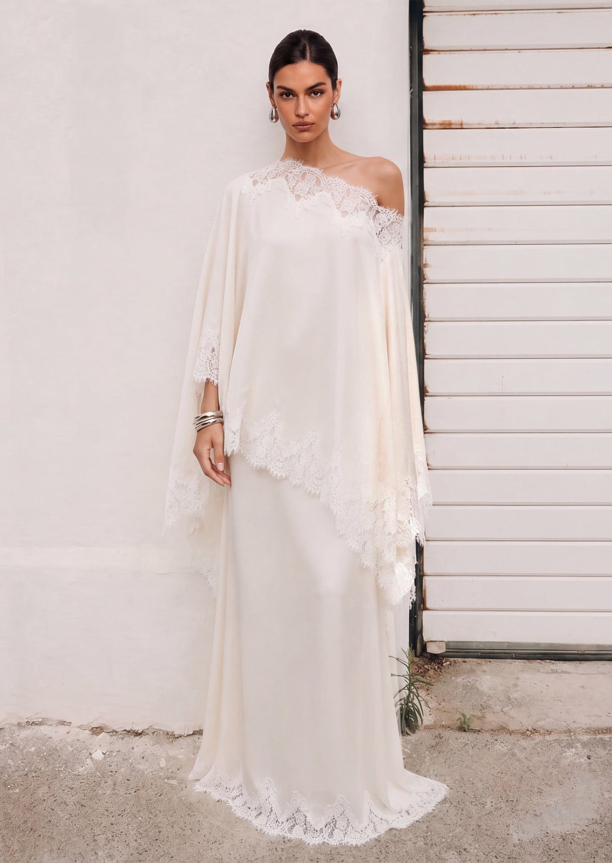 Cadfan Satin Lace Trim Skirt Set In White