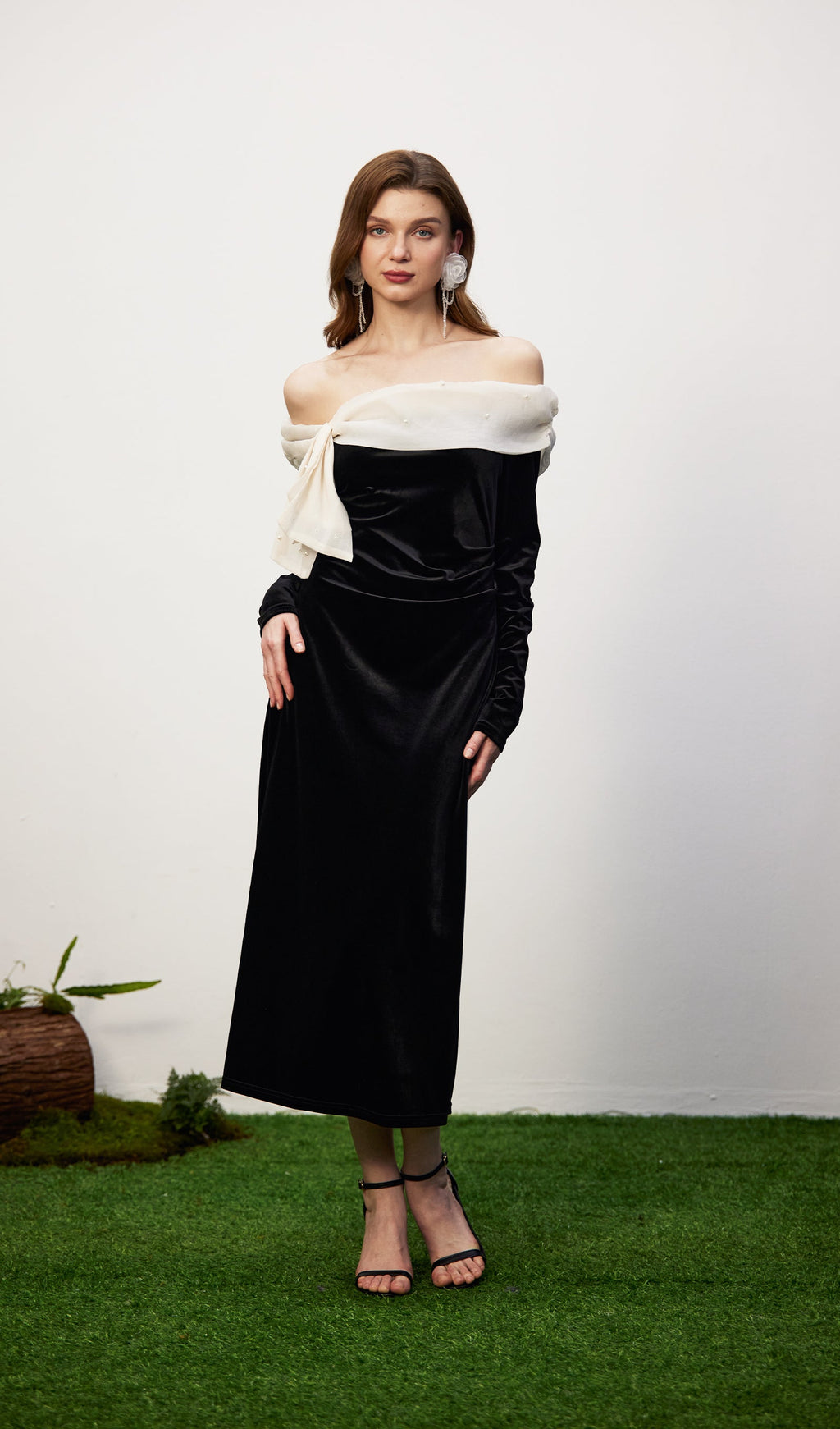 Off Shoulder Pearl Lace Up Maxi Dress
