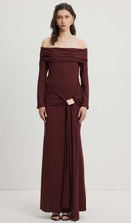 Off Shoulder Ruffle Maxi Dress Reddish Brown