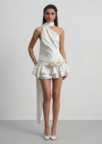 One Shoulder Tiered Ruffle Mini Dress With Scarf