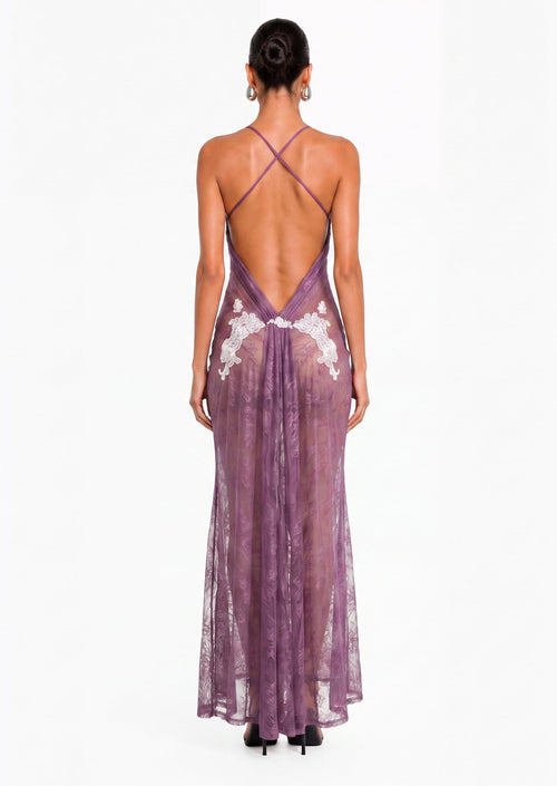 Antheia Sheer Lace Maxi Dress In Light Purple