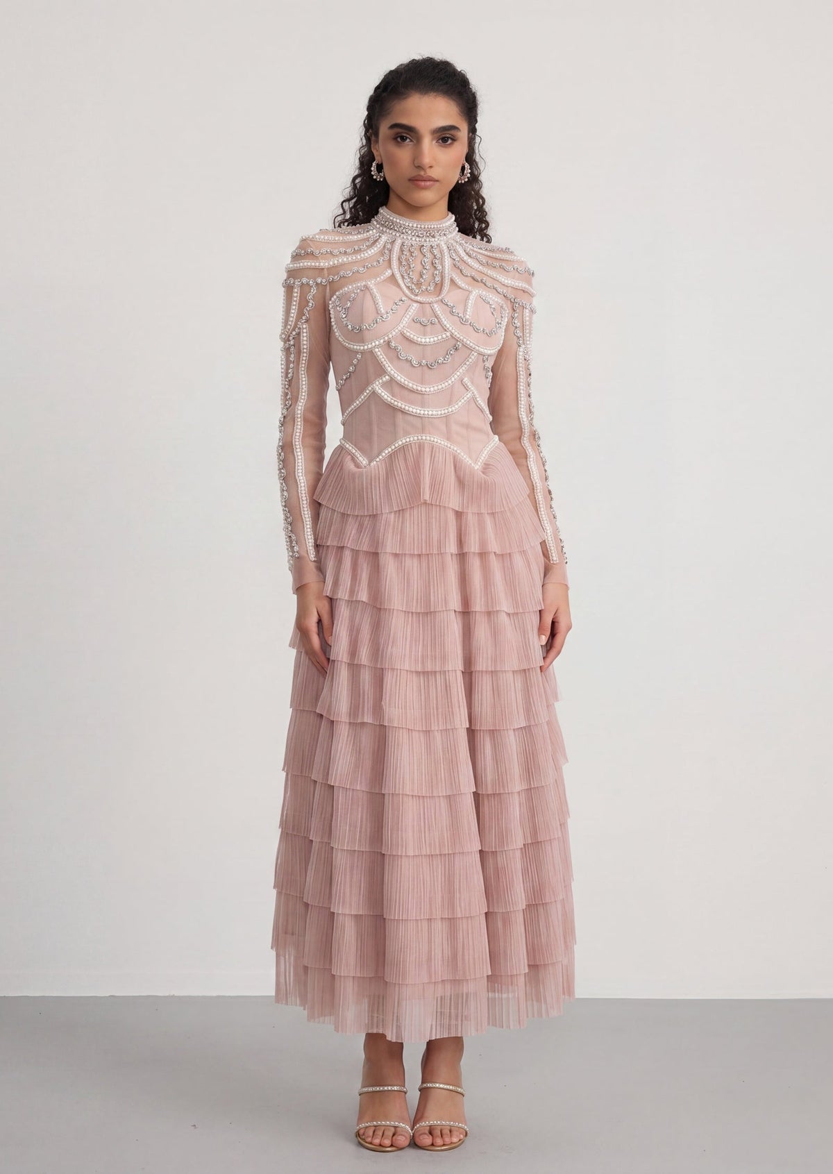 Long Sleeve Beads Pearls Mesh Maxi Layered Dress