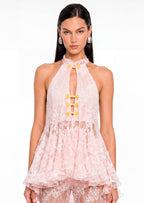 Sylvana Lace Top And Pants Two Piece Set In Pink