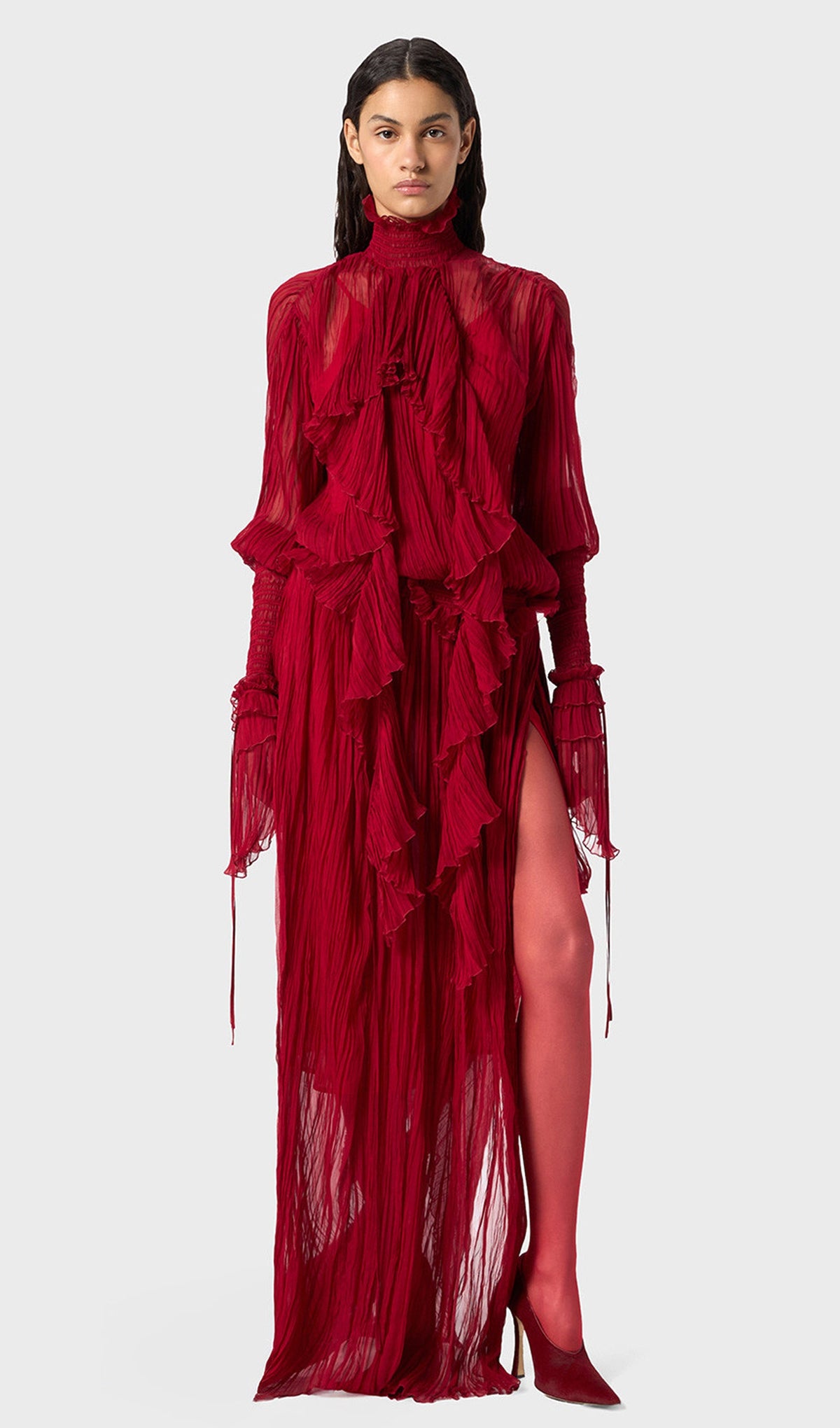 Pleated Silk-Chiffon Slit Maxi Dress In Red