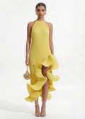 Pleated Sleeveless Irregular Ruffle Midi Dress In Yellow