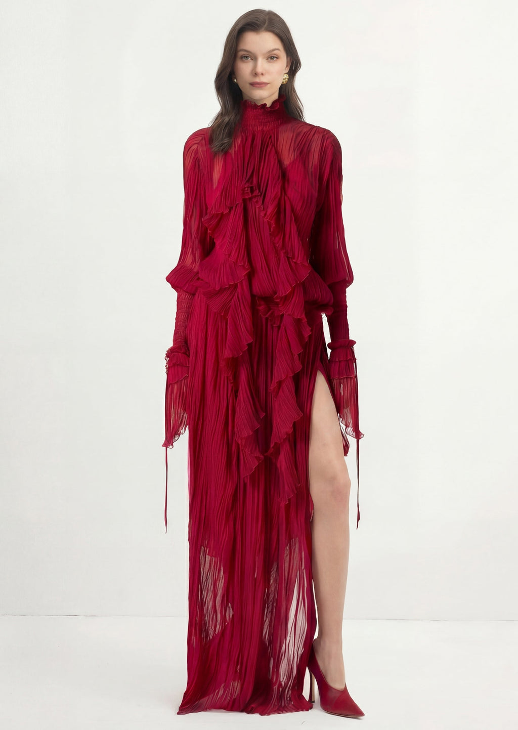 Solid Pleated Silk Chiffon Slit Maxi Dress In Red