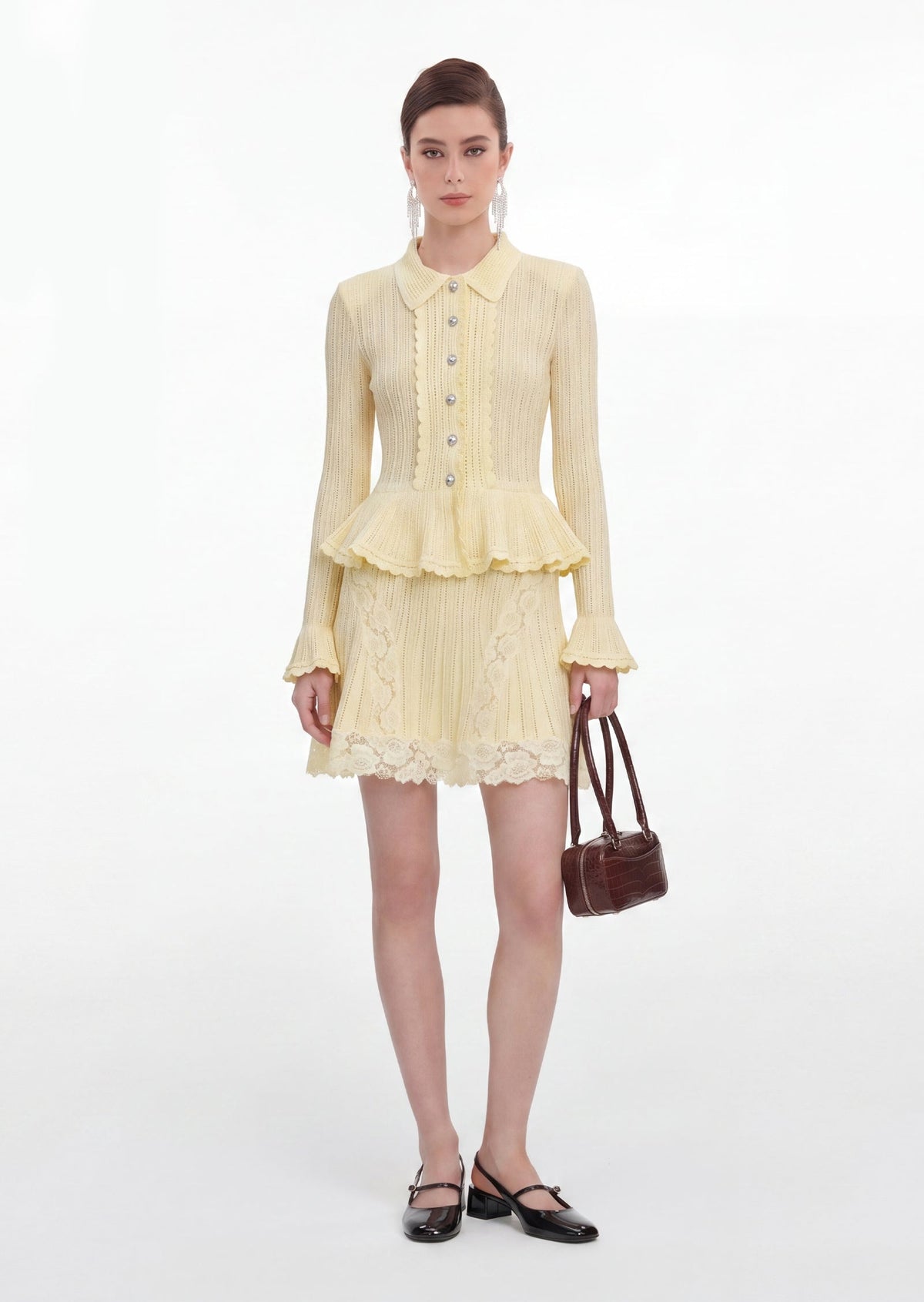 Pointelle Peplum Knit Mini Skirt Set In Yellow