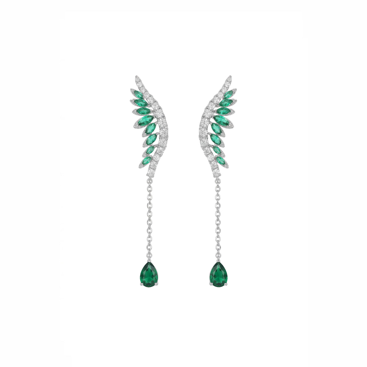 Green Crystal & Silvertone Wings Earrings