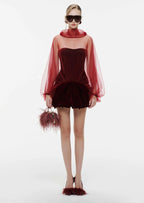 Velvet Panelled Cape Mini Dress In Red