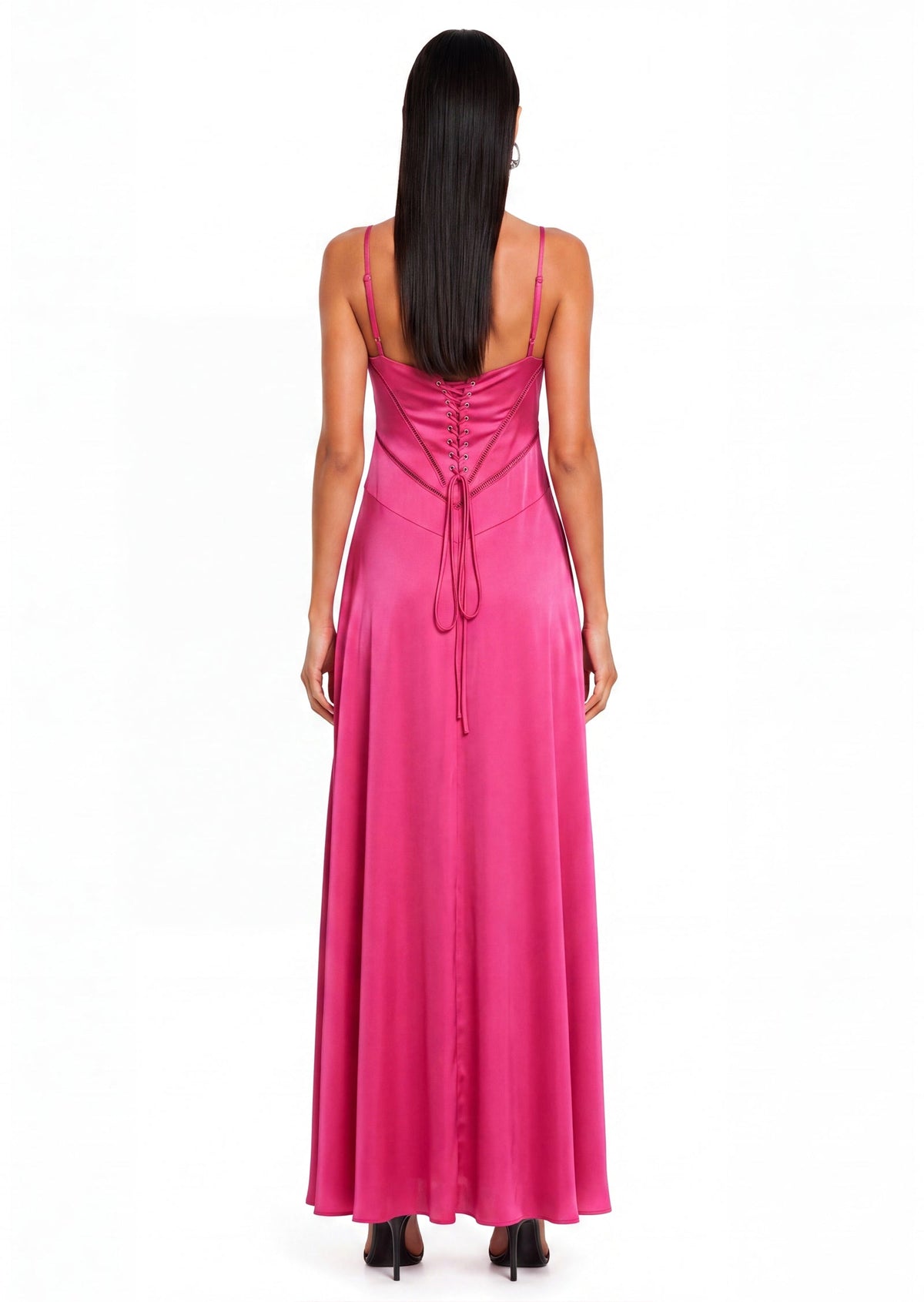 Satin Lace Up Maxi Dress In Rose Red
