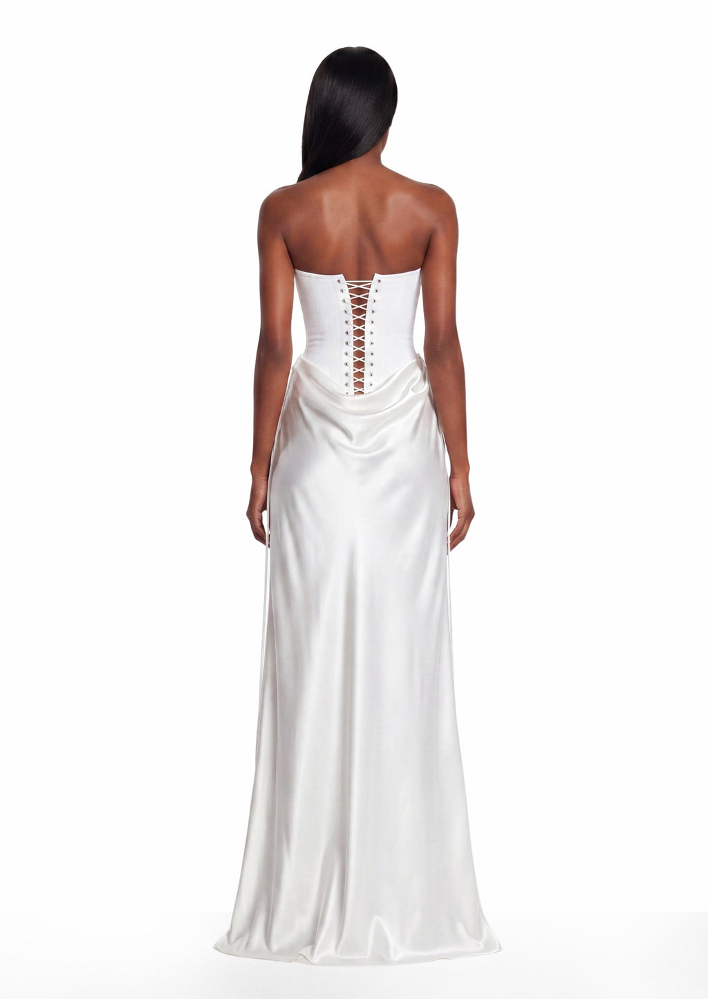 Strapless Corseted Satin Maxi Dress In White