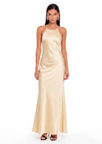 Falan Halter Backless Satin Maxi Dress In Gold