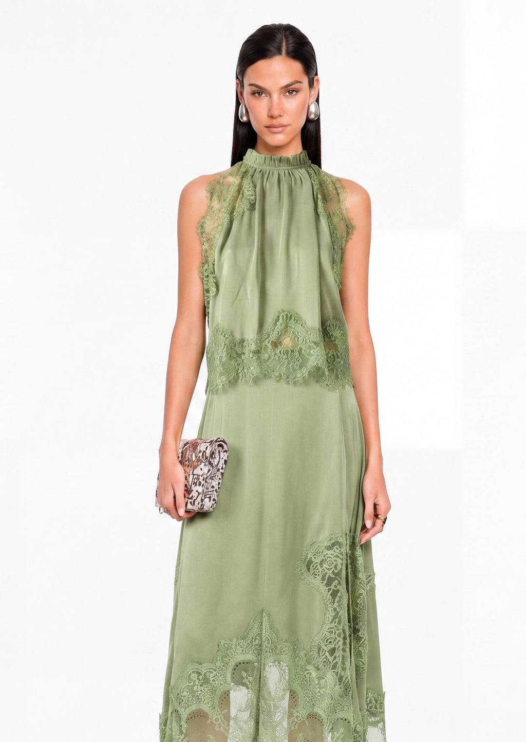 Satin Lace Trim Two Piece Set In Green