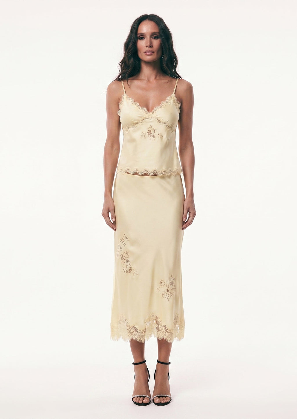 Vivia Satin Lace Midi Skirt Set In Pale Yellow