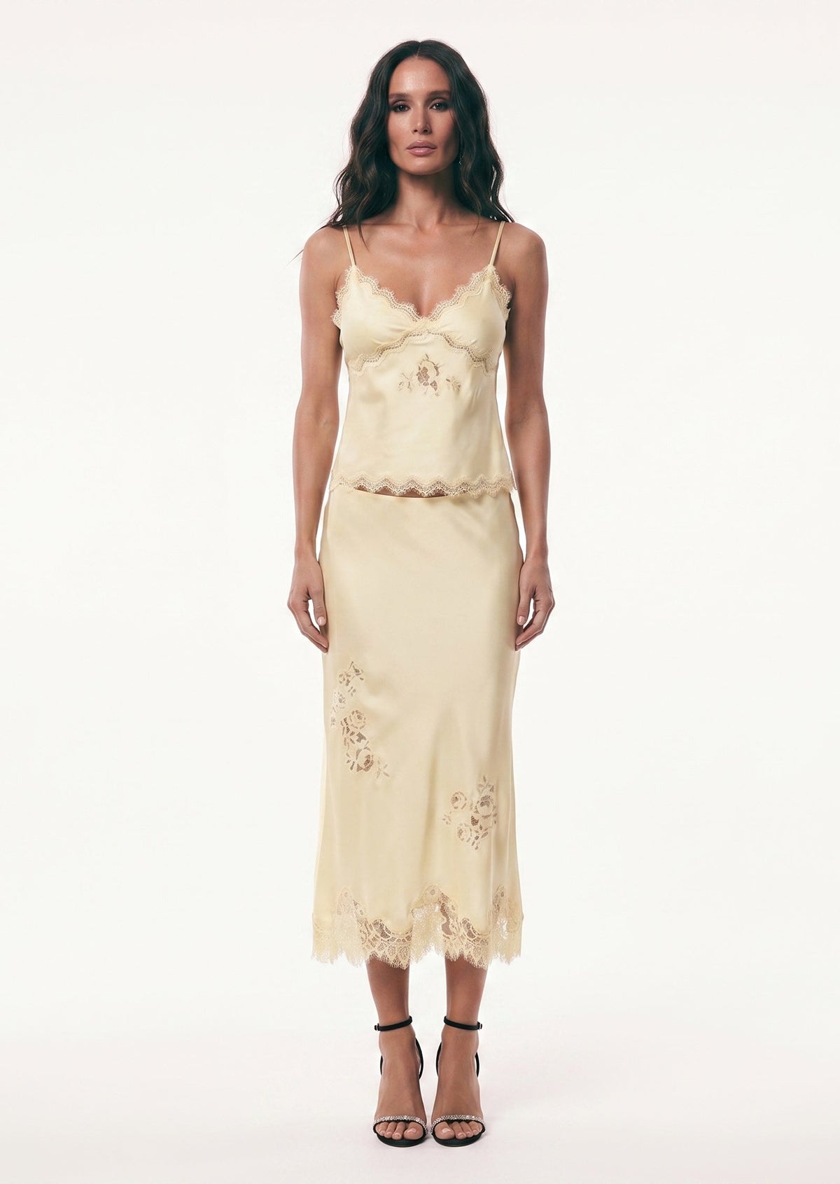 Vivia Satin Lace Midi Skirt Set In Pale Yellow