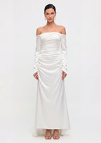 Satin Off Shoulder Ruched Maxi Dress