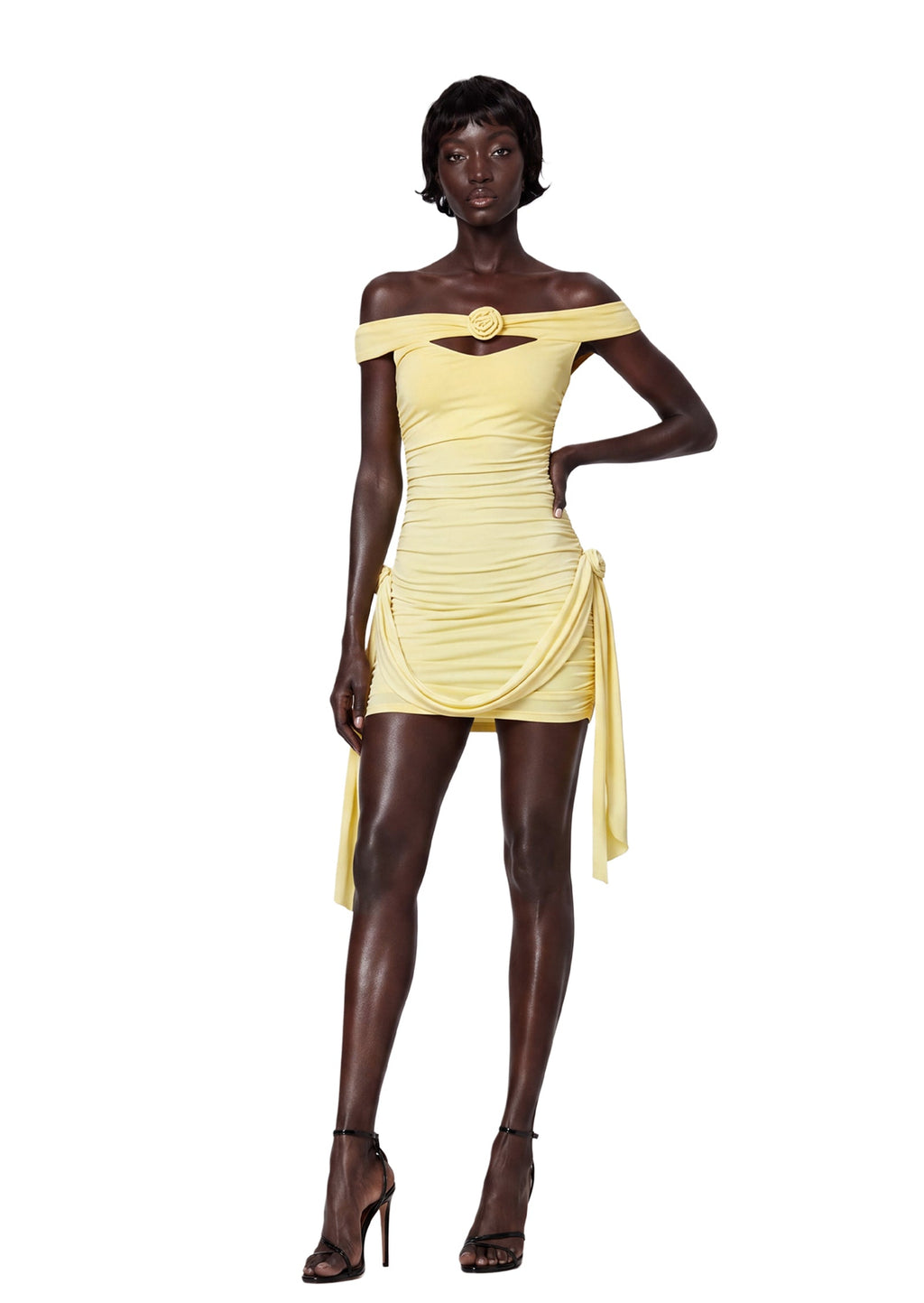 Mhina Off The Shoulder Stretch Mini Dress In Yellow