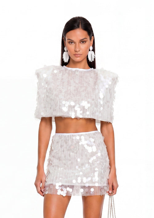 Abishek Sequined Mini Skirt Set In White