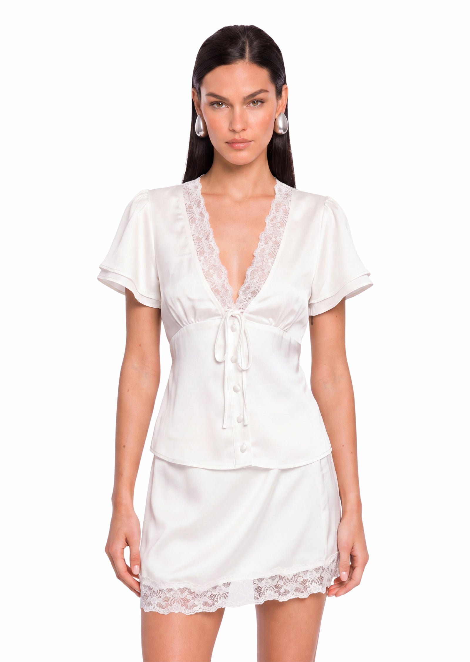 Abiram Satin Mini Skirt Two Piece Set In White