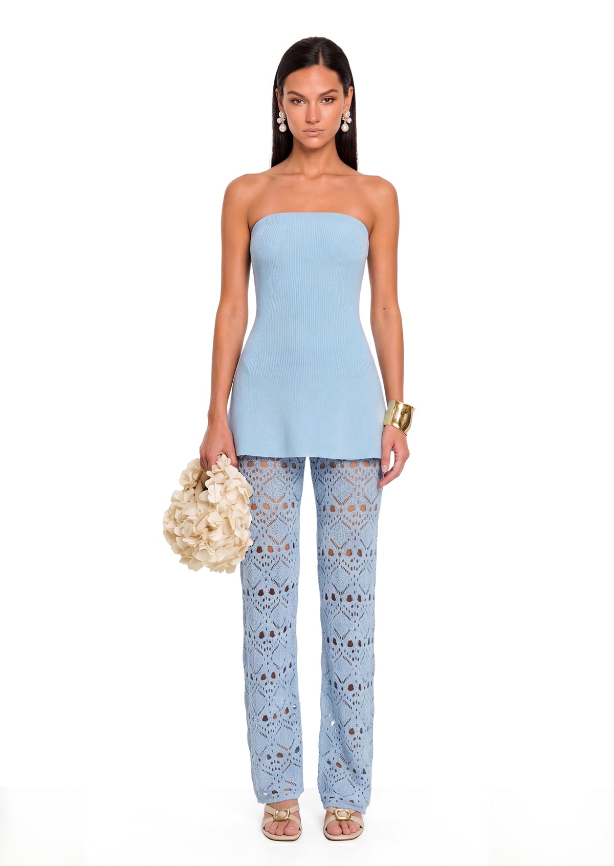 Bandage Knit Top & Crochet Knit Pants In Blue