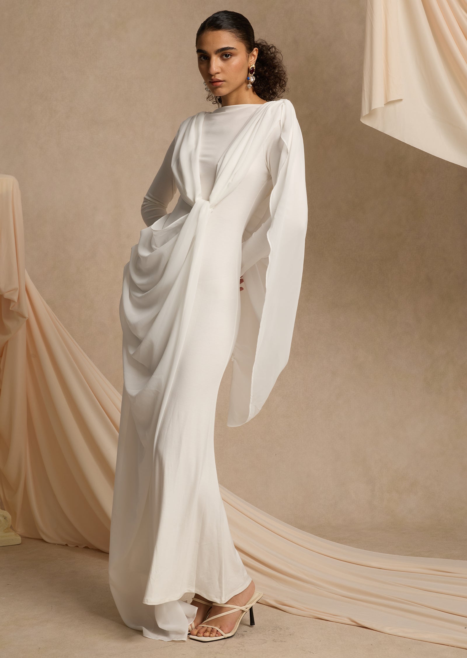 Shawl Ribbon Knotted Maxi Dress In White