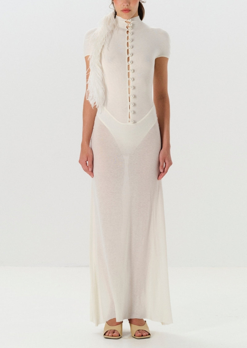 Short Sleeved Sheer Button Maxi Dress In White