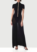 Short Sleeved Sheer Button Maxi Dress In Black