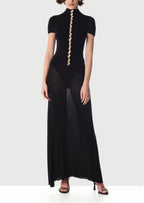 Short Sleeved Sheer Button Maxi Dress In Black
