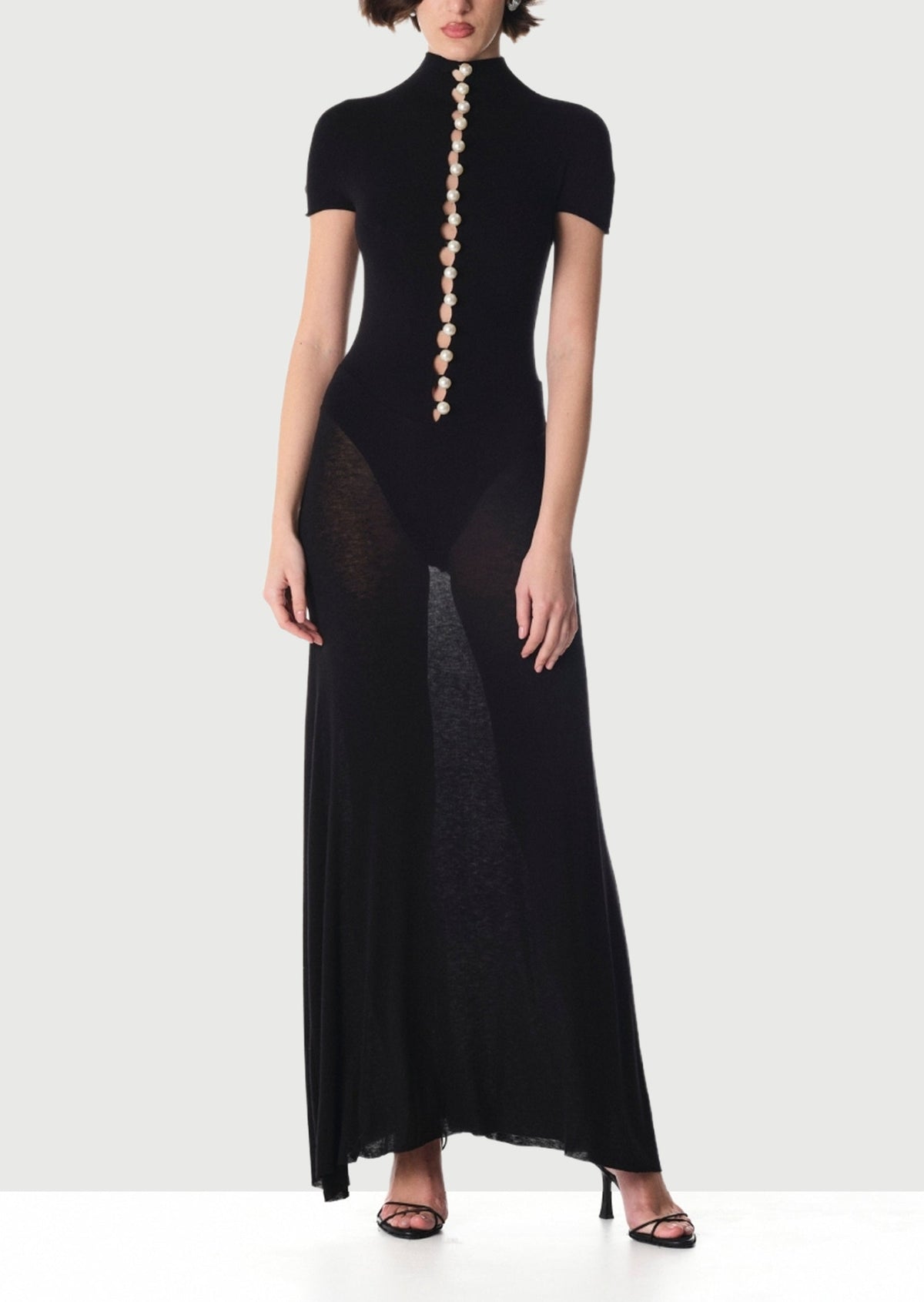 Short Sleeved Sheer Button Maxi Dress In Black
