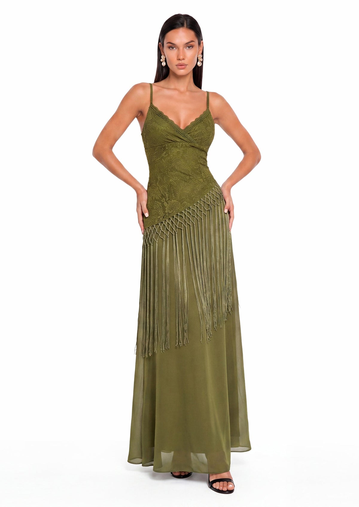 Nadia Sleeveless Lace Trim Maxi Dress In Green