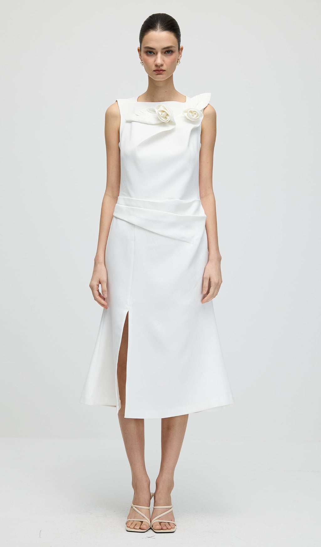 Sleeveless Flower Ruched Slit Midi Dress