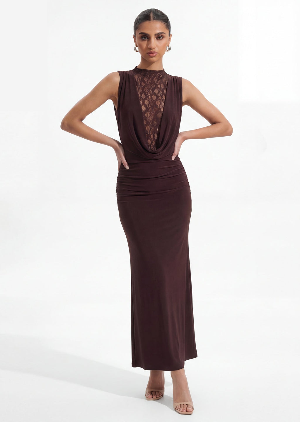 Sleeveless Lace Bodice Ruched Maxi Dress