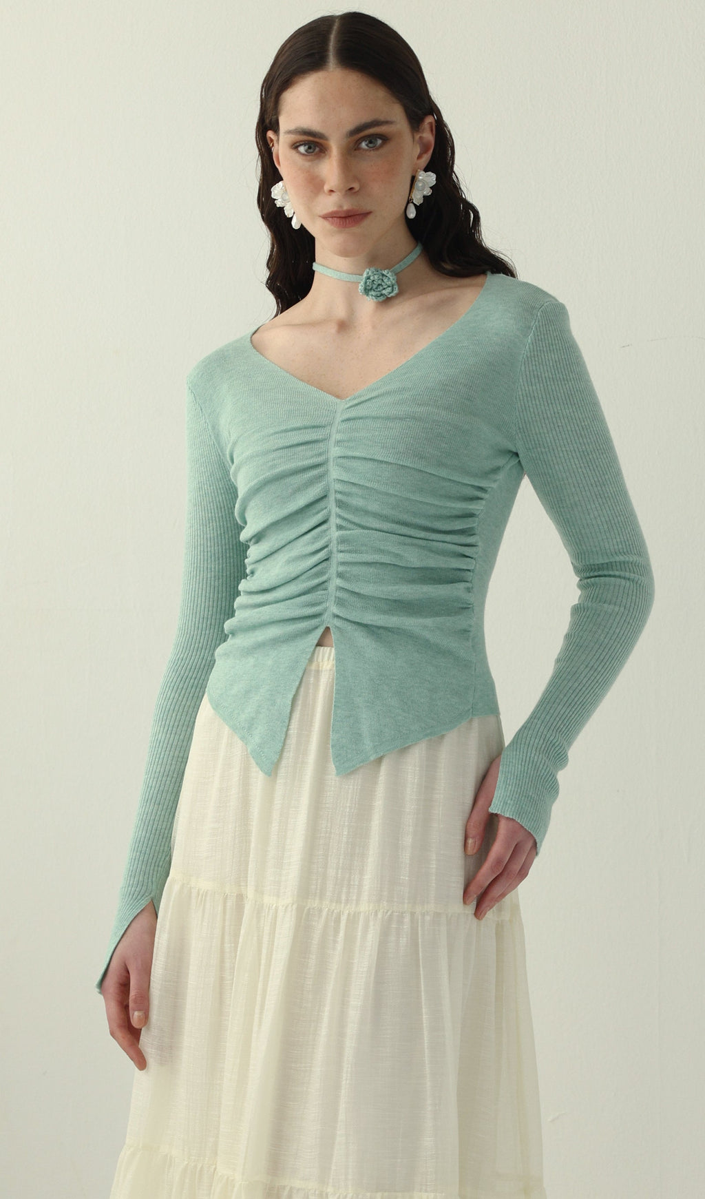 Solid V Neck Ruffled Knit Top