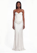 Strapless Corseted Satin Maxi Dress In White
