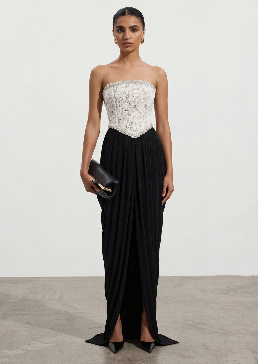 Strapless Lace Beaded Patchwork Maxi Dress