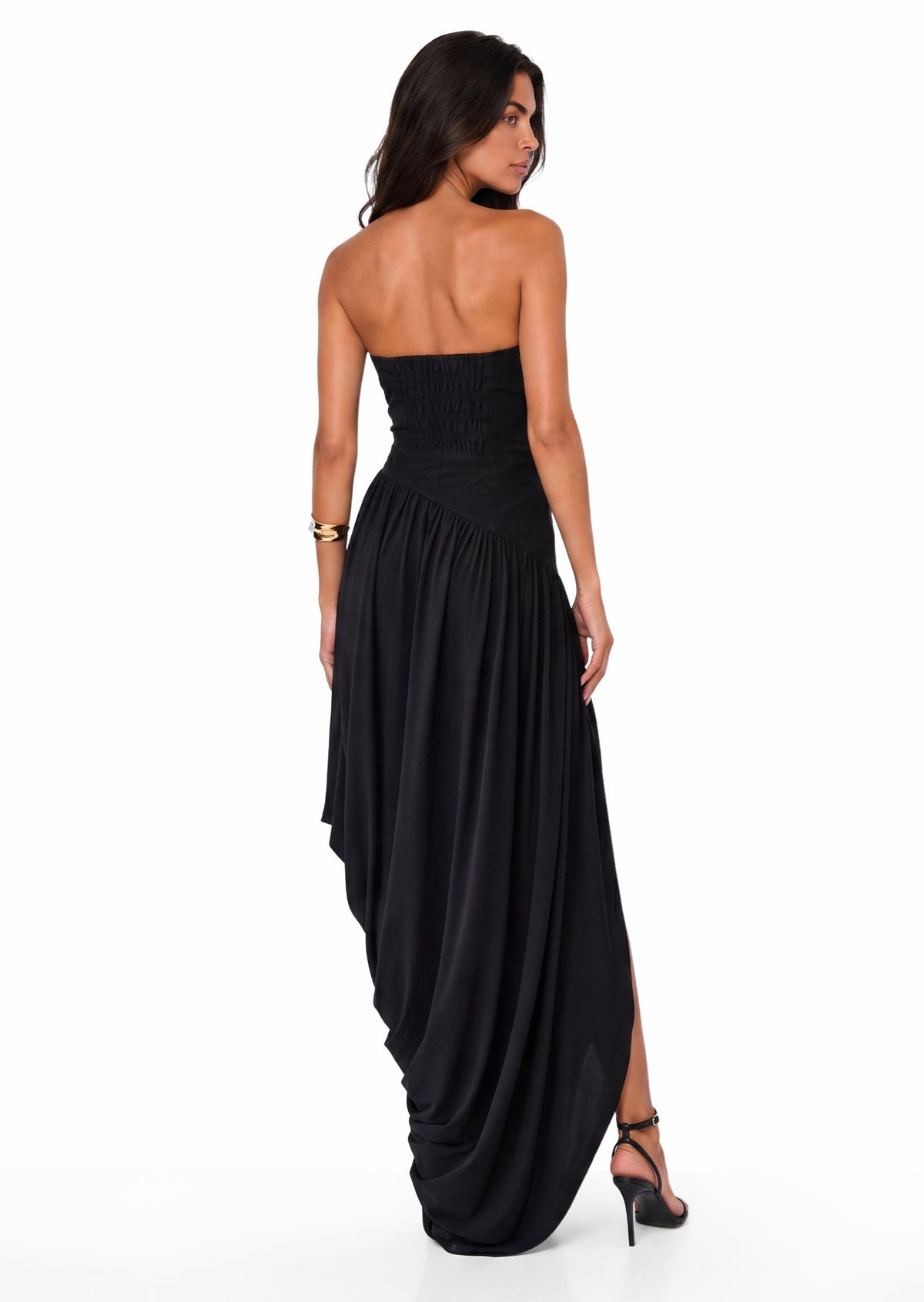 Caelan Strapless Asymmetrical Maxi Dress In Black