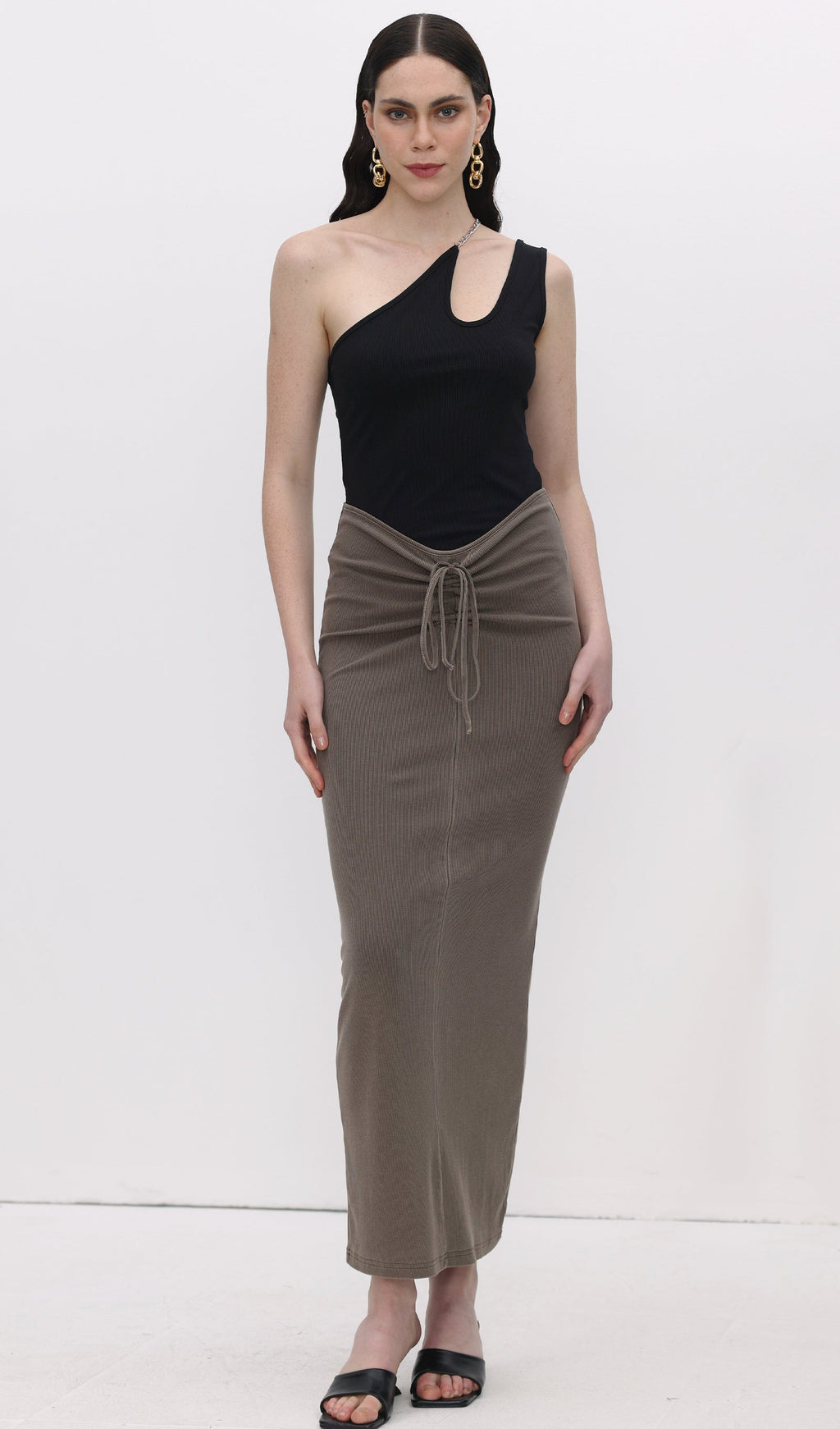 Tie Drape Pleated Midi Skirt