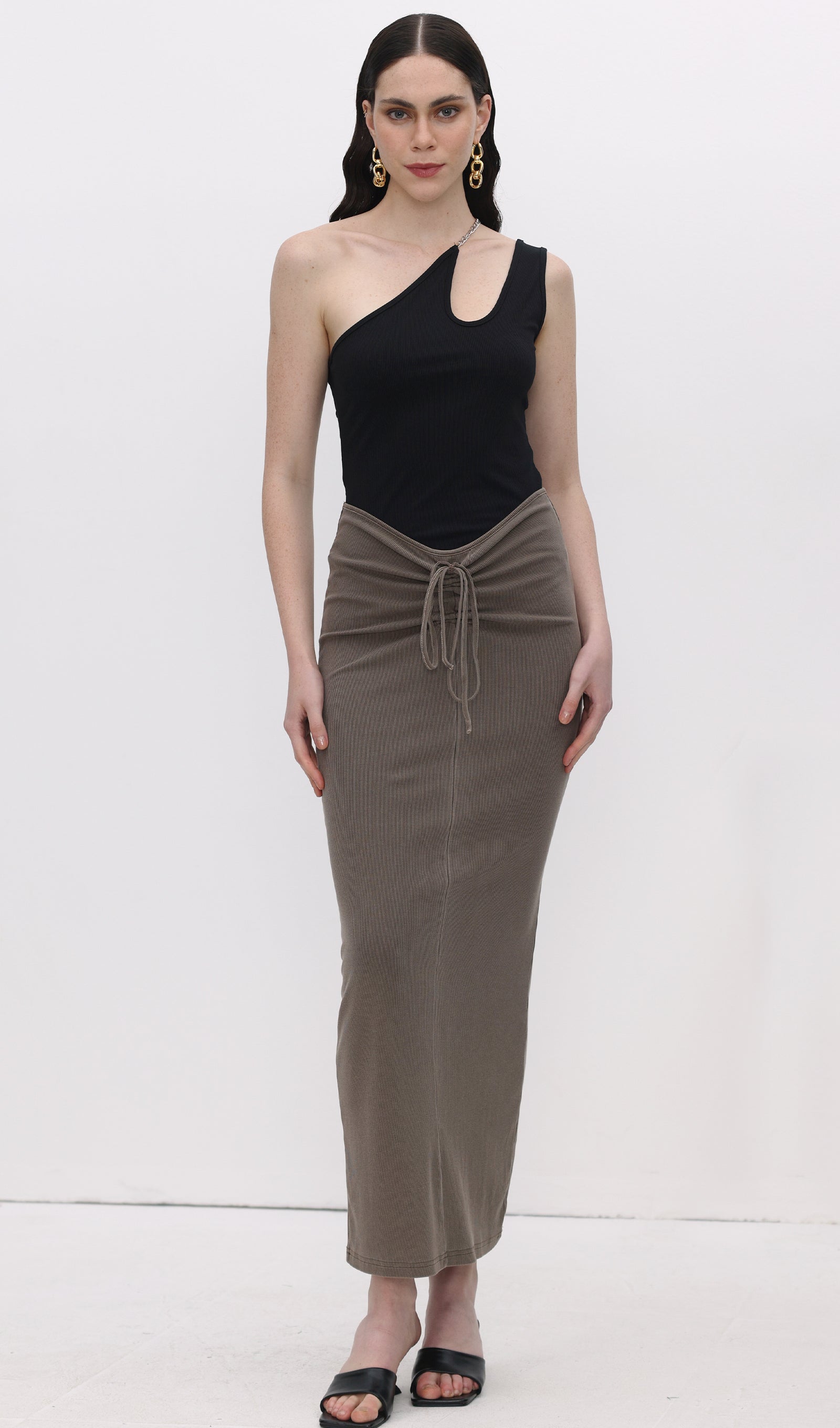 Tie Drape Pleated Midi Skirt