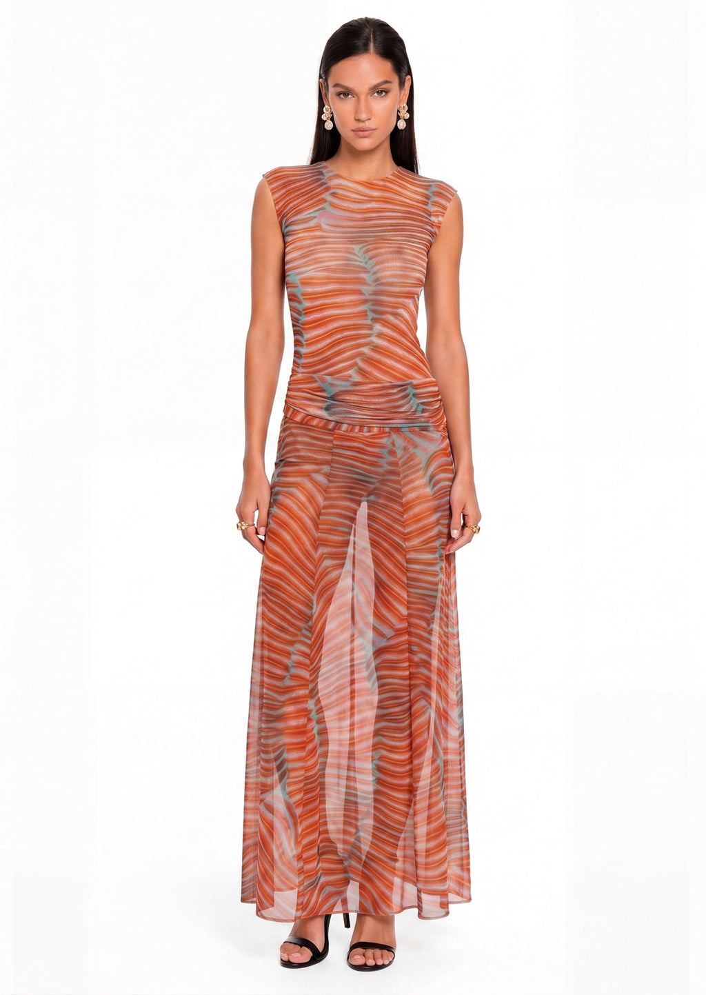Pahuac Print Sheer Mesh Dress Two Piece Set