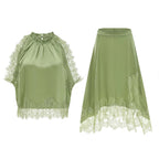 Satin Lace Trim Two Piece Set In Green