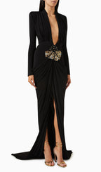 V-Neck Draped And Embroidery Evening Dress