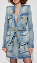 V Neck Blue Denim Jacket With Belt