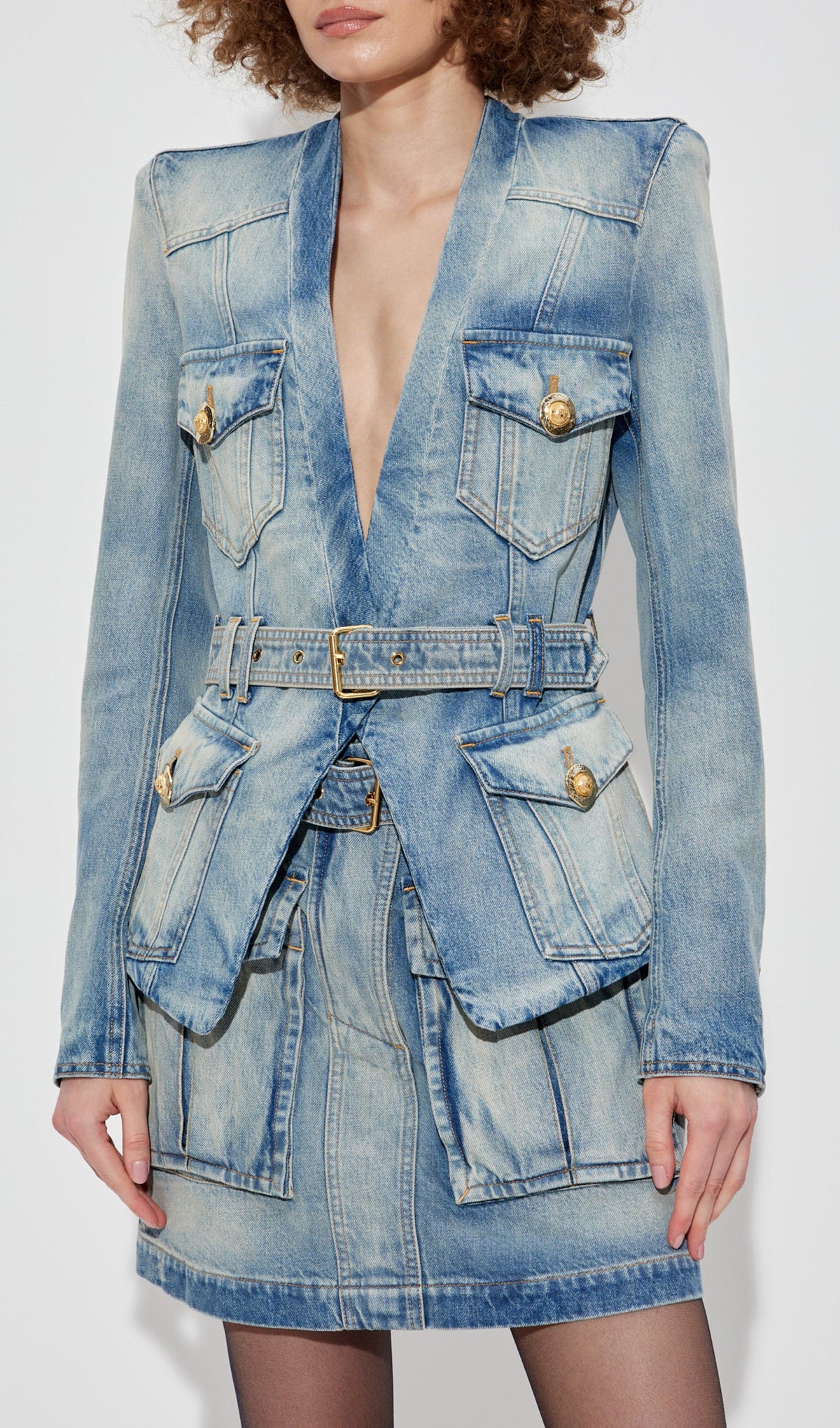 V Neck Blue Denim Jacket With Belt