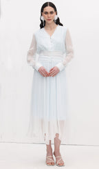 V Neck Bodice Mesh Midi Skirt Sets