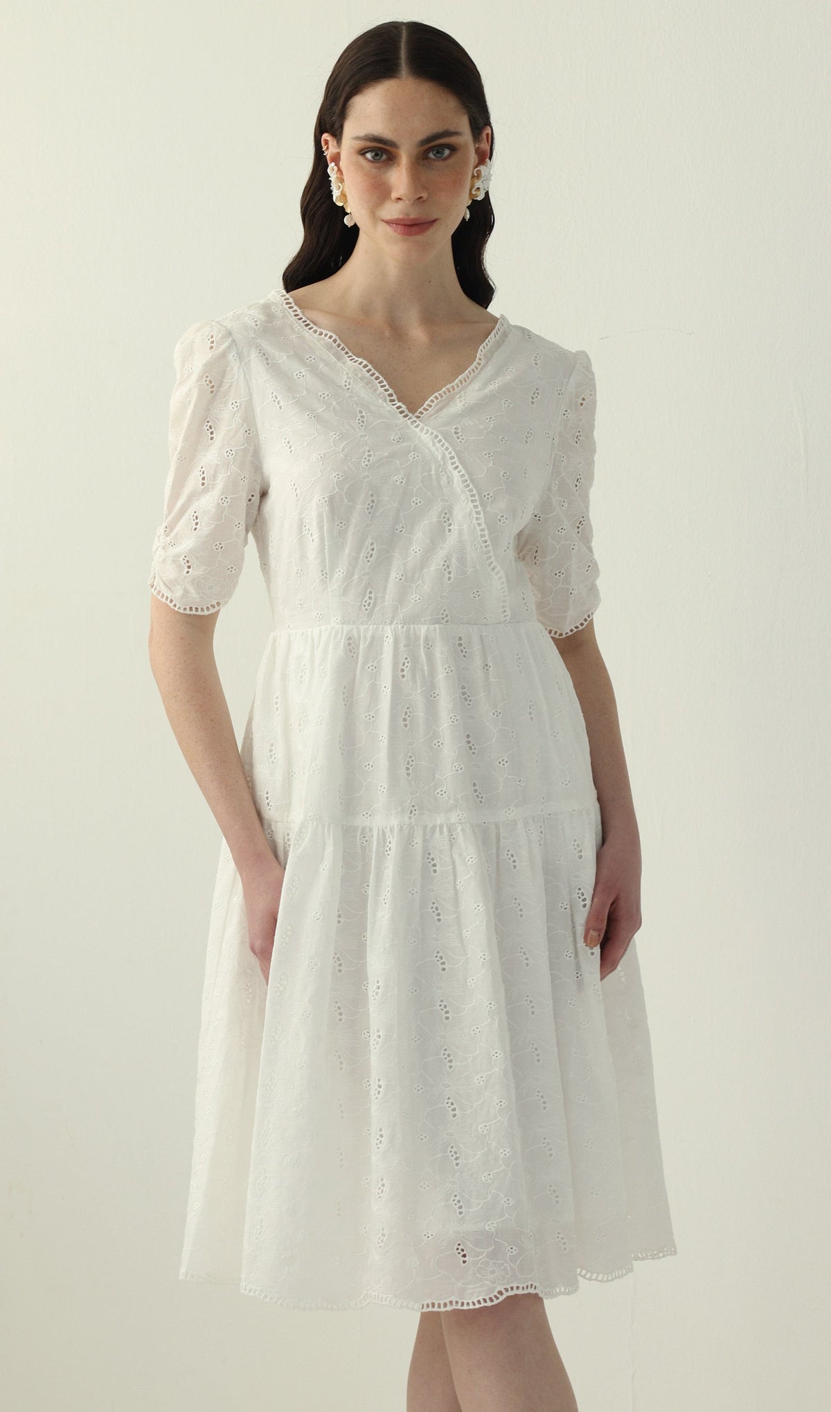 V Neck Midi Dress In White