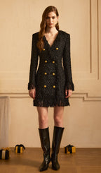 V Neck Tweed Slim Tassel Mini Dress