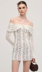 Vintage Floral Lace Off Shoulder Mini Dress